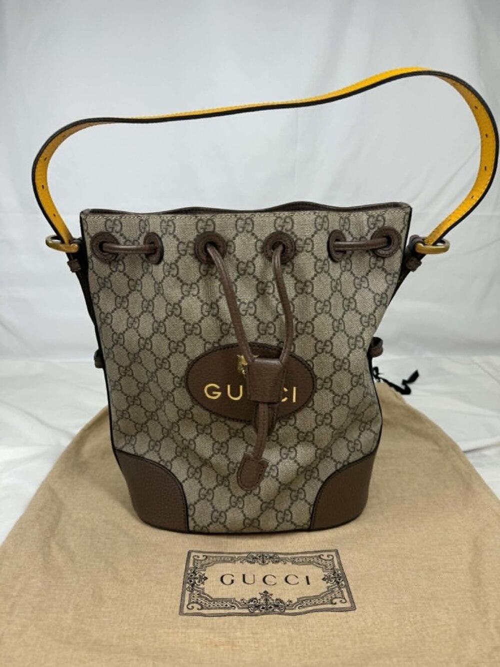 Gucci GG Supreme Monogram Neo Vintage Drawstring Bucket Backpack Beige JB 364252